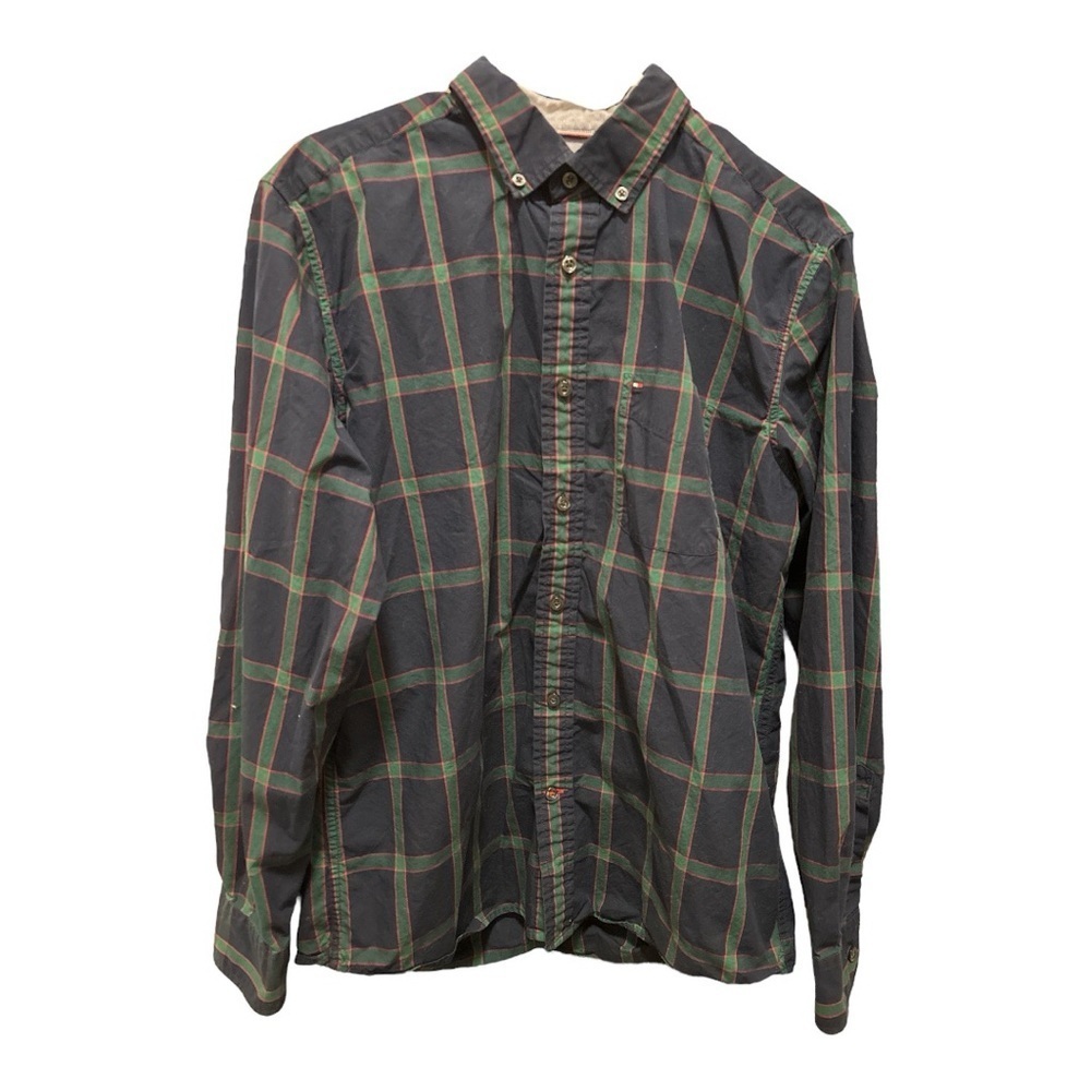 Tommy Hilfiger Vintage Men's Plaid Dress Shirt - Navy and Green Size Medium